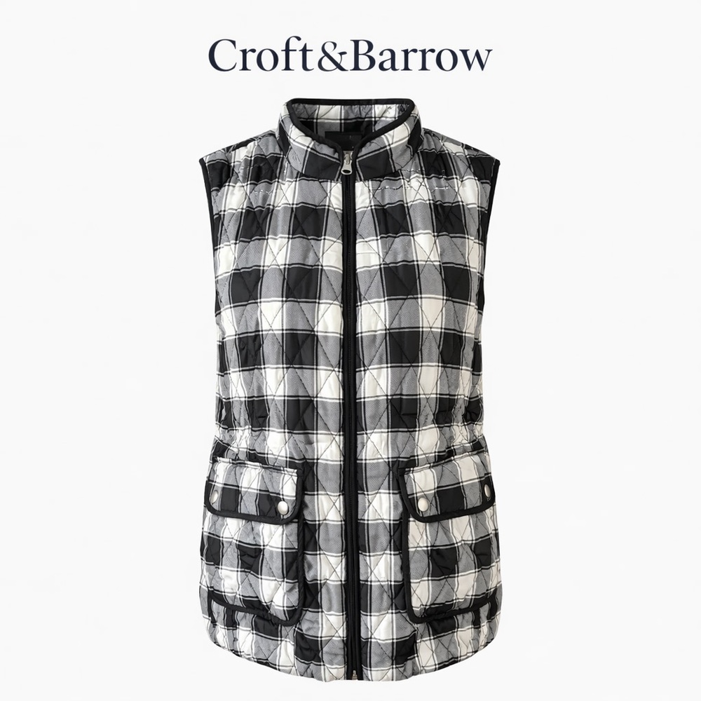 croft & barrow Black and White Buffalo Plaid Quilted Stand-Collar Vest